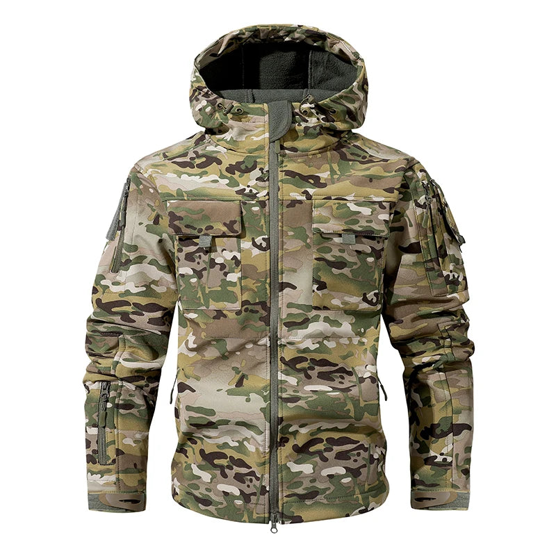 VALEWARD Bracken Camouflage Softshell in Camouflage, with the adjustable drawcord hood