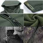 Detail collage: adjustable drawcord hood, hem cinch toggle, front zip, brushed fleece interior texture, and water-resistance demonstration.