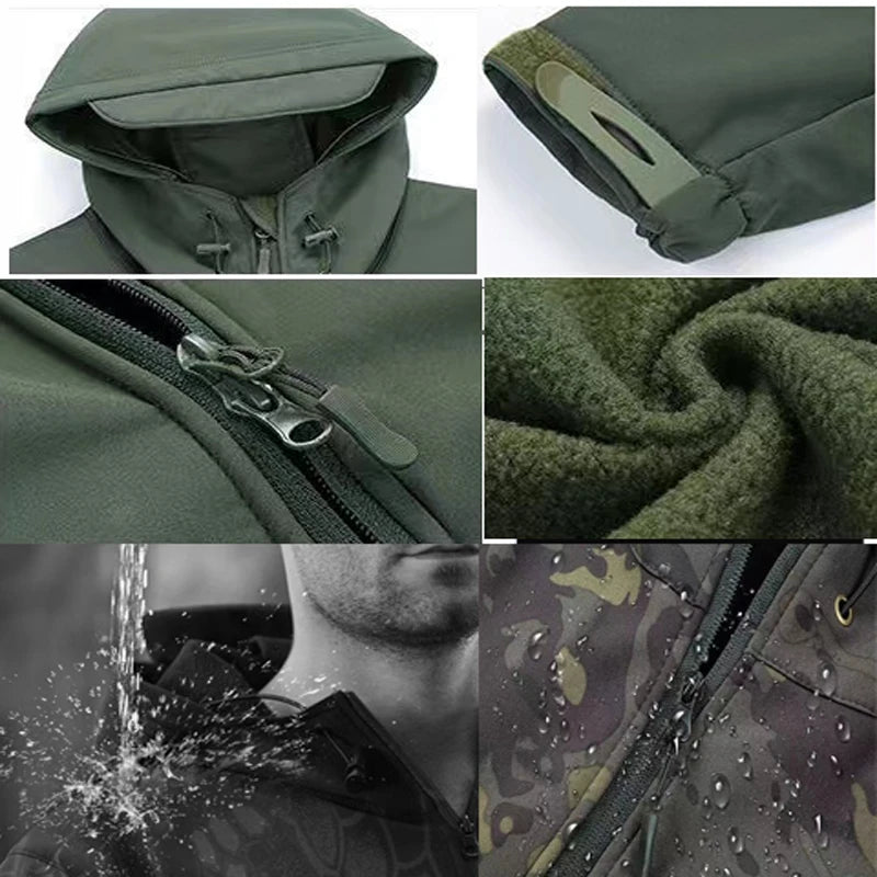 Detail collage: adjustable drawcord hood, hem cinch toggle, front zip, brushed fleece interior texture, and water-resistance demonstration.