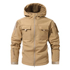 VALEWARD Bracken Camouflage Softshell in Field Sand, with the adjustable drawcord hood