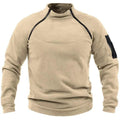 VALEWARD Sentry Tactical Fleece Pullover in Field Sand, front view showing the offset diagonal zip and stand collar.
