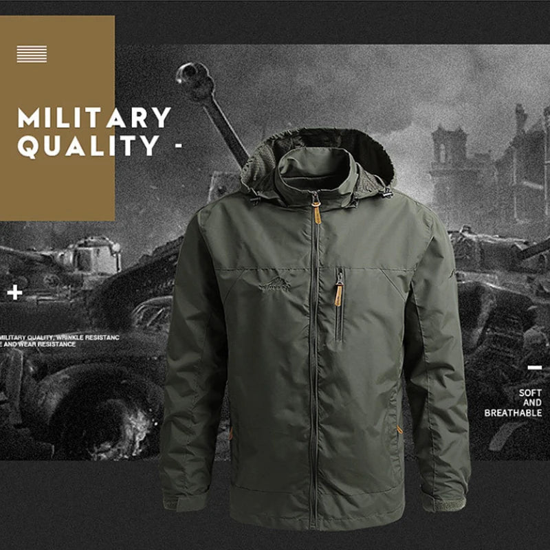 Excluded from gallery: supplier marketing image combining the jacket with war-damage imagery and a 'Military Quality' claim. Must not be published.