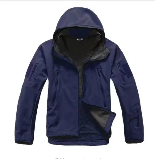 VALEWARD Bastion Softshell Jacket in Night Navy, unzipped to show the brushed fleece interior lining.
