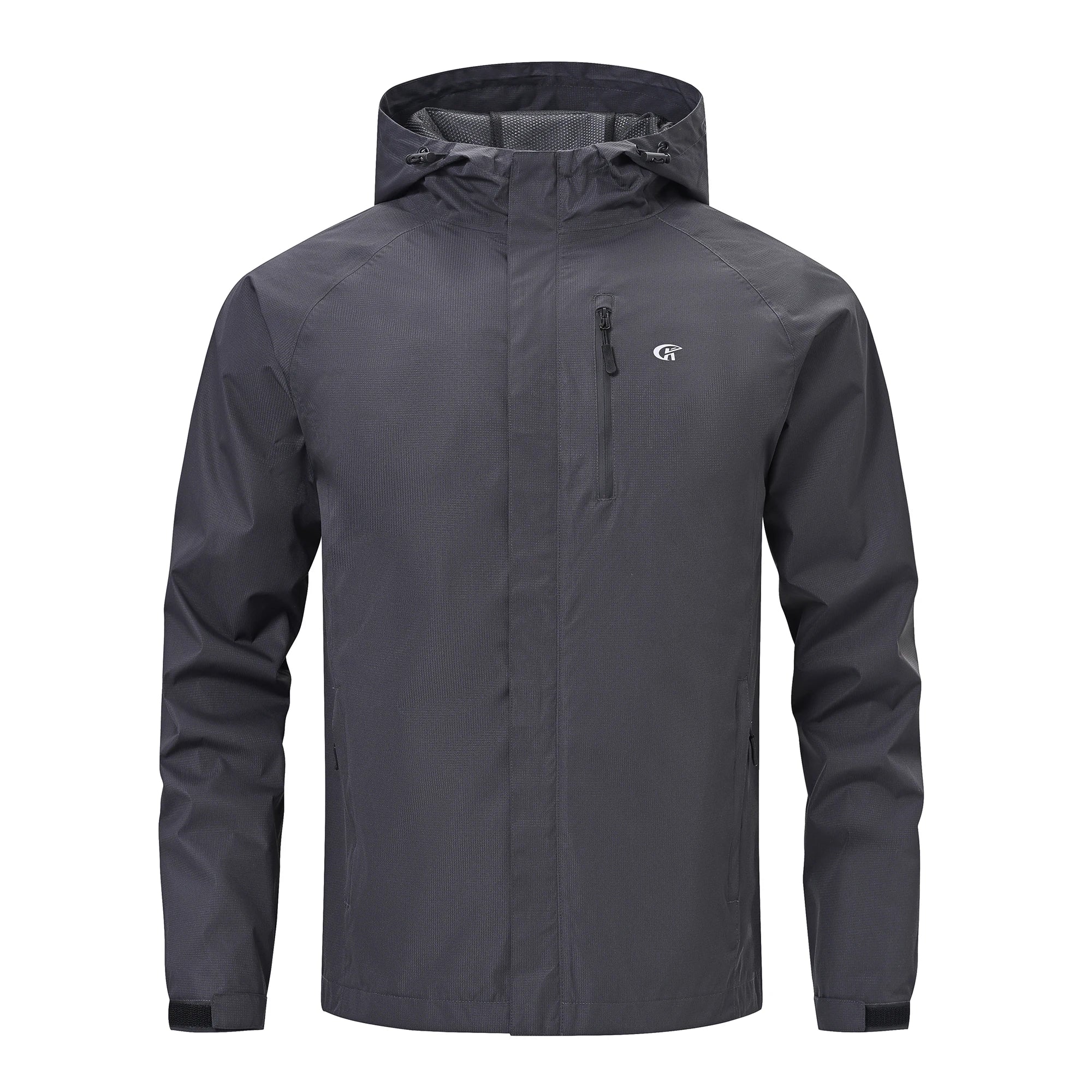 VALEWARD Voyager Packable Rain Shell in Gunmetal Grey, with the adjustable drawcord hood