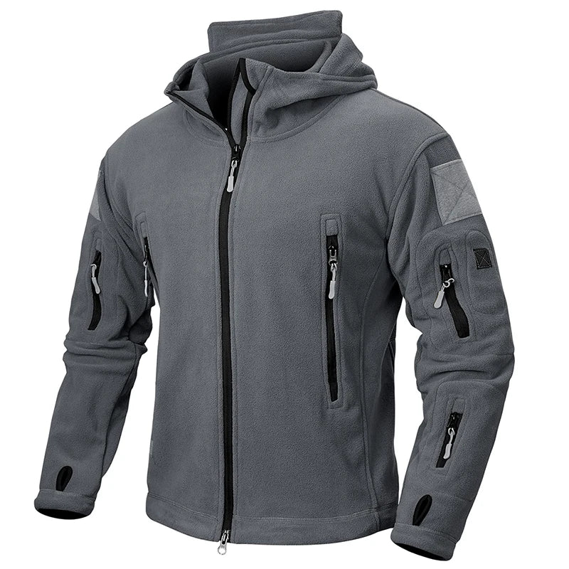 VALEWARD Watchman Hooded Fleece in Gunmetal Grey, showing the chest zip pocket