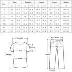 Supplier size chart — numeric measurements may be reused; accompanying body diagrams show a T-shirt and trousers, not this jacket, and should be redrawn.