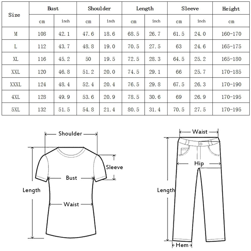 Supplier size chart — numeric measurements may be reused; accompanying body diagrams show a T-shirt and trousers, not this jacket, and should be redrawn.
