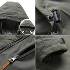 Supplier detail collage of the hood interior, cord-lock toggle, chest zip pocket and hook-and-loop cuff tab — acceptable as reference, recommend reshooting for brand consistency.