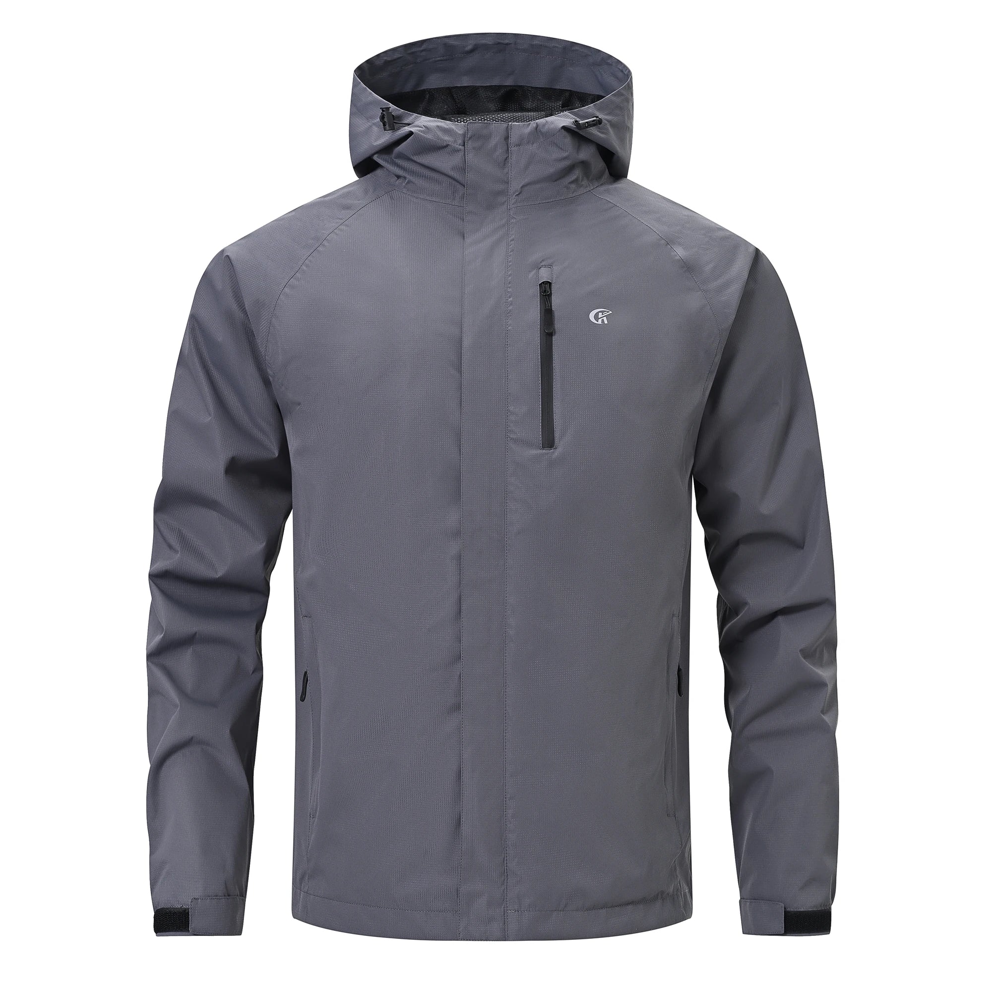 VALEWARD Voyager Packable Rain Shell in Storm Grey, showing the chest zip pocket